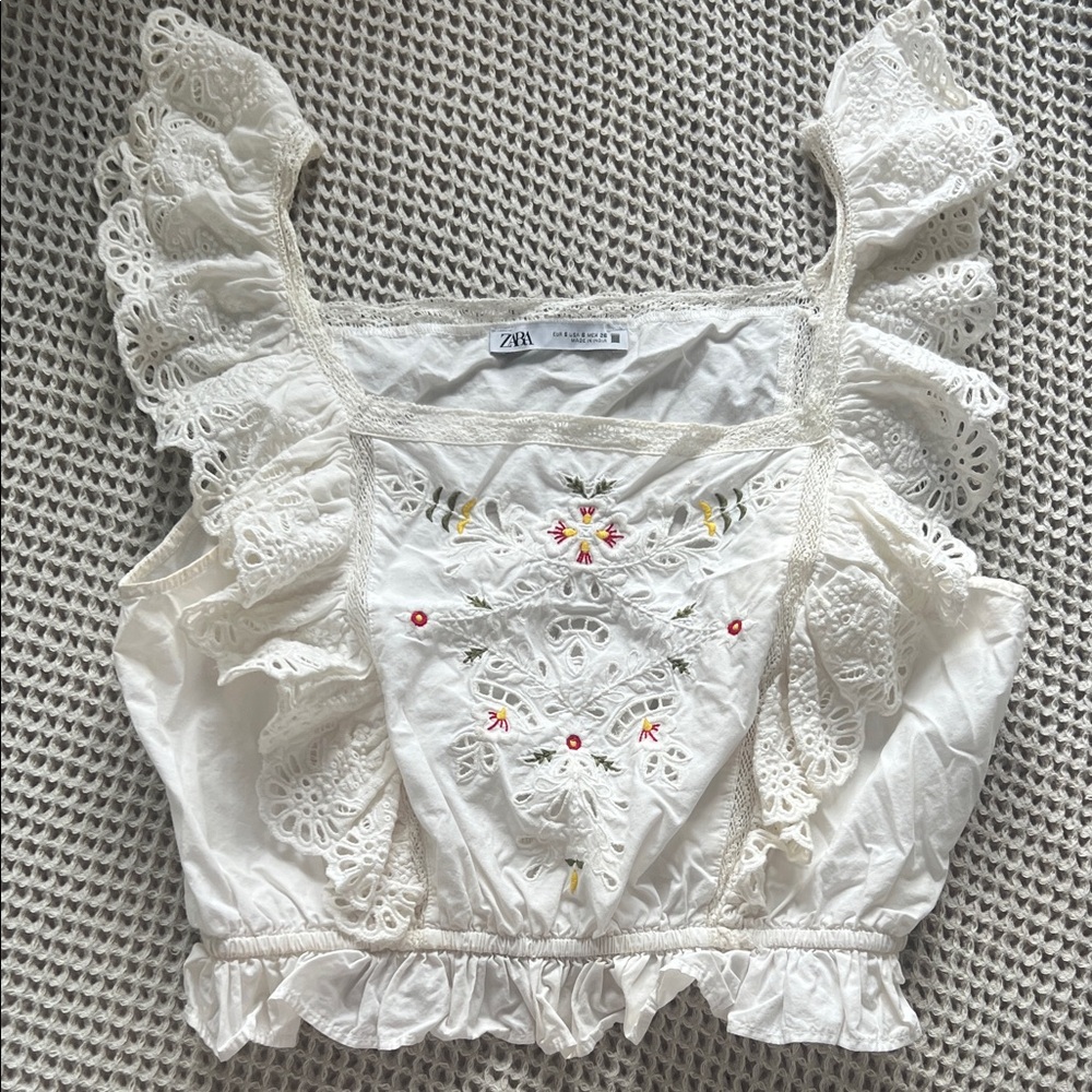 Zara Embroidered Ruffle Blouse